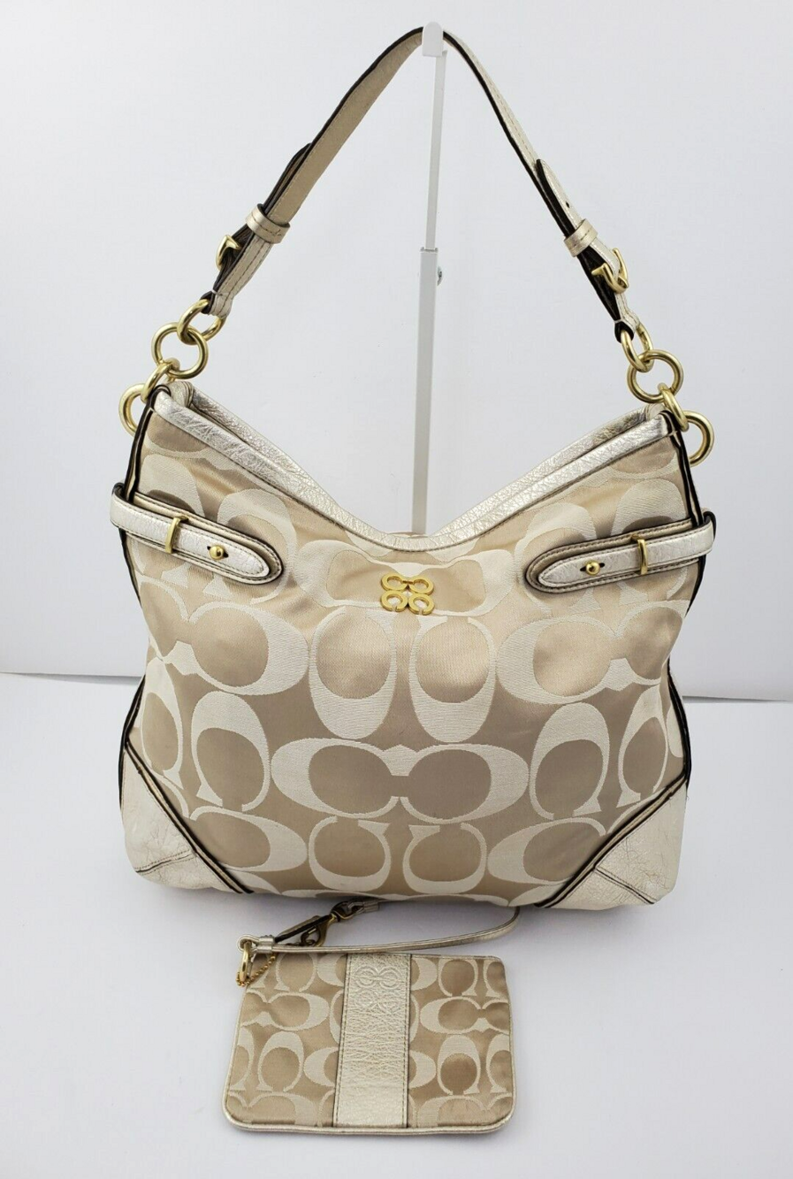 Coach 16408 Collette Signature Gold Sateen/Leather Hobo Shoulder Bag & Wristlet